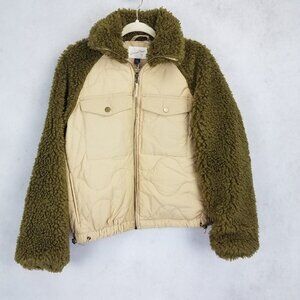 NEW Universal Thread Women's M Faux Fur Fuzzy Quilted Moto Jacket in Tan/Olive